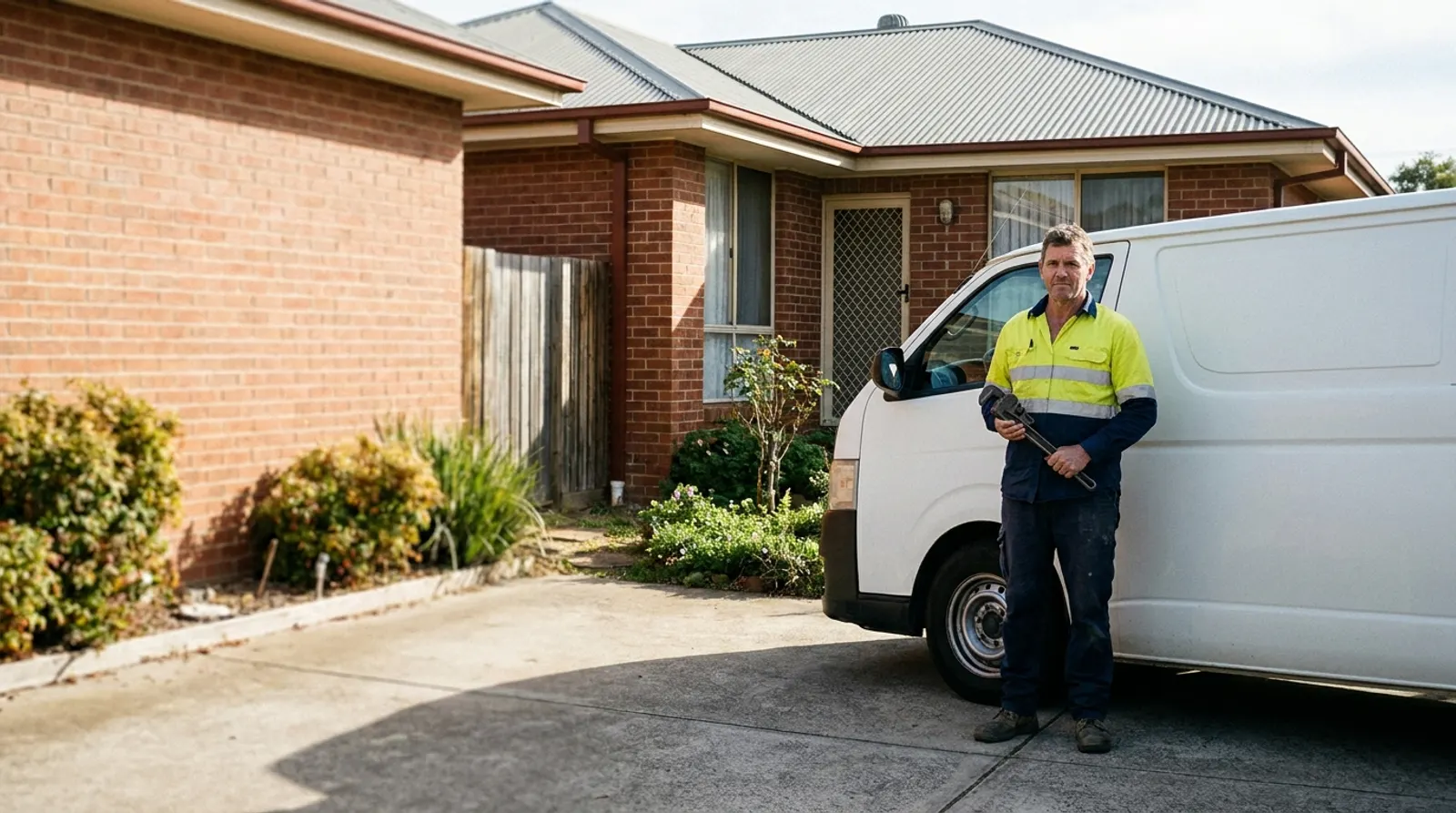 Licensed Australian emergency plumber with work van outside a suburban home